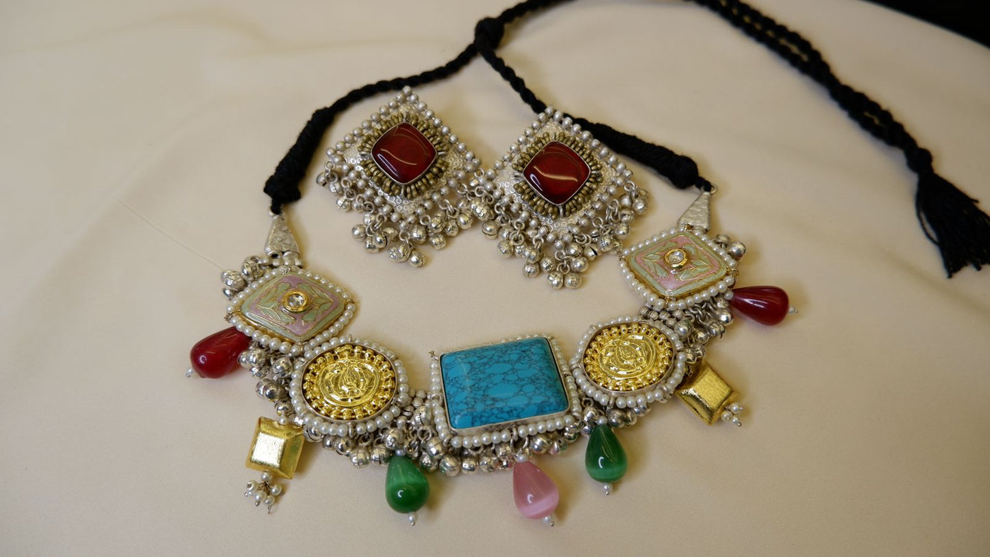 Tribal Turquoise Dual Tone Neckset